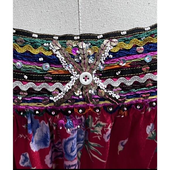 Free People Shoulder Ties Boho Red Multicolor Floral Sequin Beaded Tank Sz Med - Picture 3 of 16